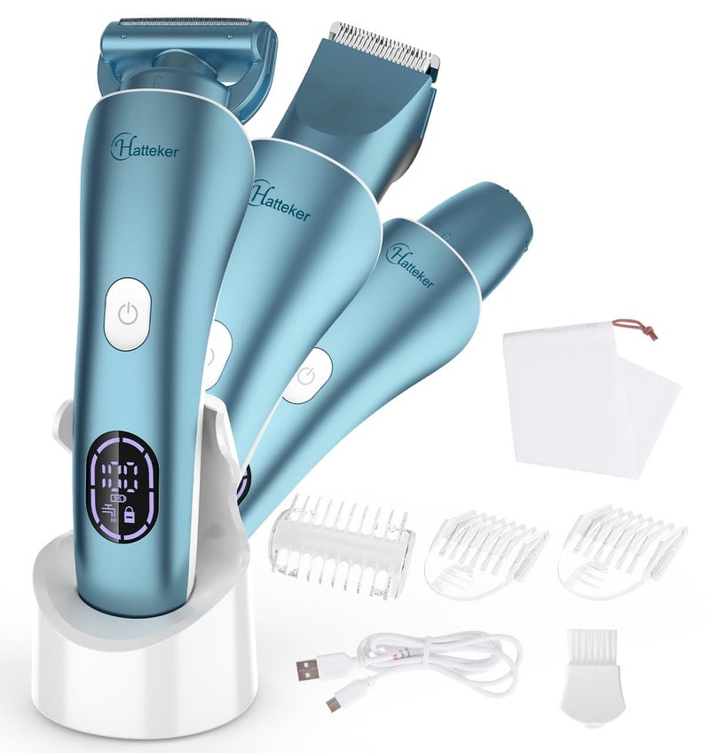 Hatteker Women's Electric Shaver Bikini Trimmer Hair Trimmer for Women Electric Razor for Legs Bikini Underarm Public Hairs Led Display IPX7 Waterproof Gift for Women(Blue)